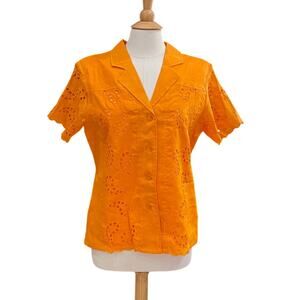 NEW La Rea Collection Orange Linen Short Sleeve V-Neck Paisley Eyelet Blouse S